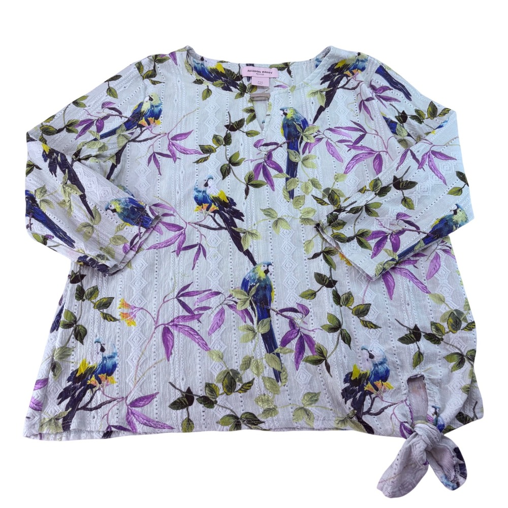 Allison Daley Petites Tropical Parrot Floral Print Split Neck Side Tie Top PM